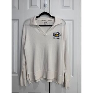 Life is Good Sweater Women's Medium White Pullover V-Neck Collared Long Sleeve